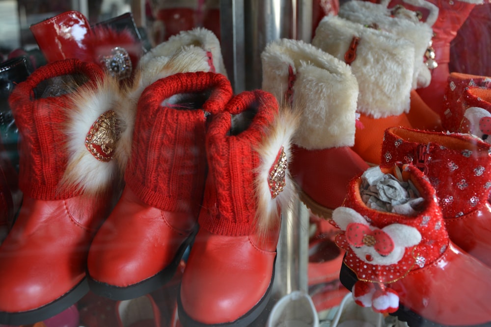 red and white fur boots
