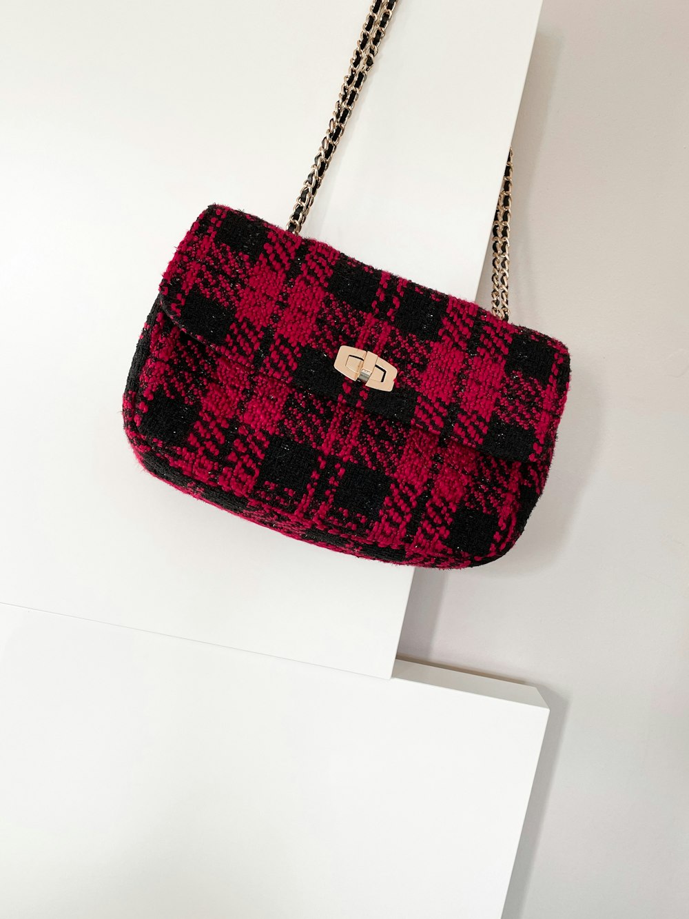 red and black plaid handbag