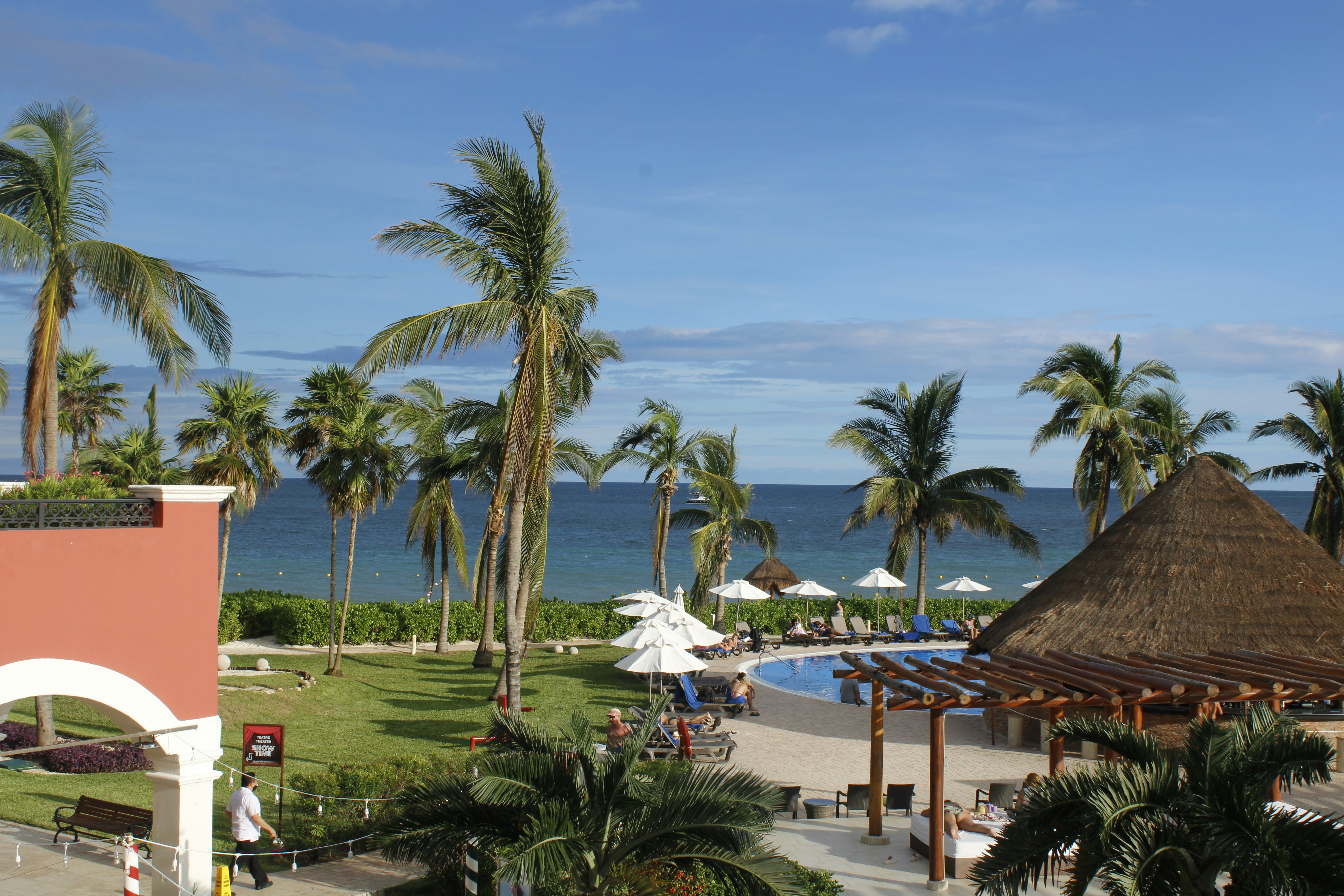 Beachfront resort with palm trees and ocean view