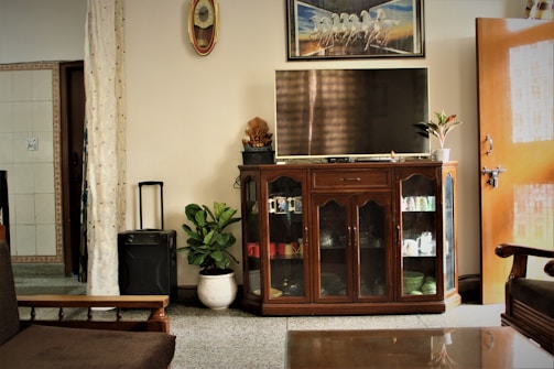A living room interior with a focus on a wooden cabinet featuring glass doors. On top of the cabinet is a flat-screen TV and a small decorative plant. An artwork hangs above the TV. A potted plant sits to the left of the cabinet beside a small speaker. The room includes a sofa with visible armrests, a partially open wooden door on the right, and a curtain separating one area from another. A decorative clock is mounted on the wall.