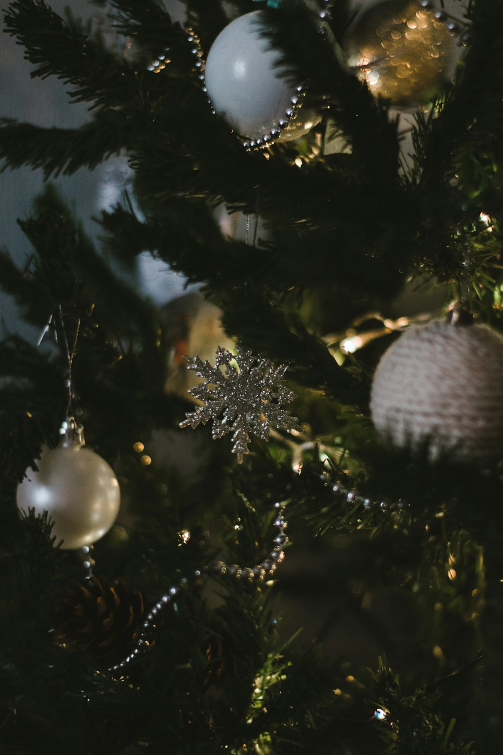 silver baubles on christmas tree