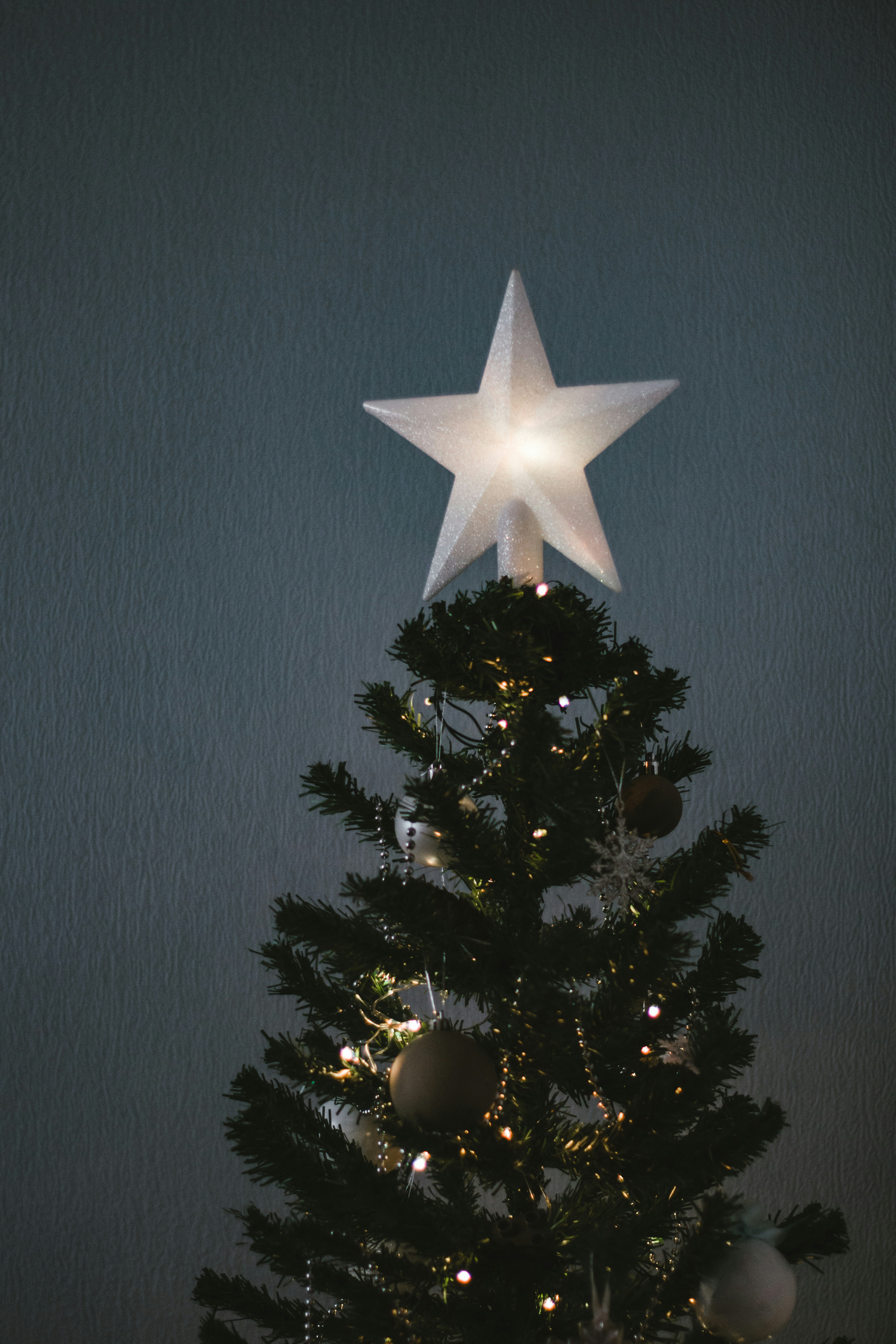 white star ornament on christmas tree