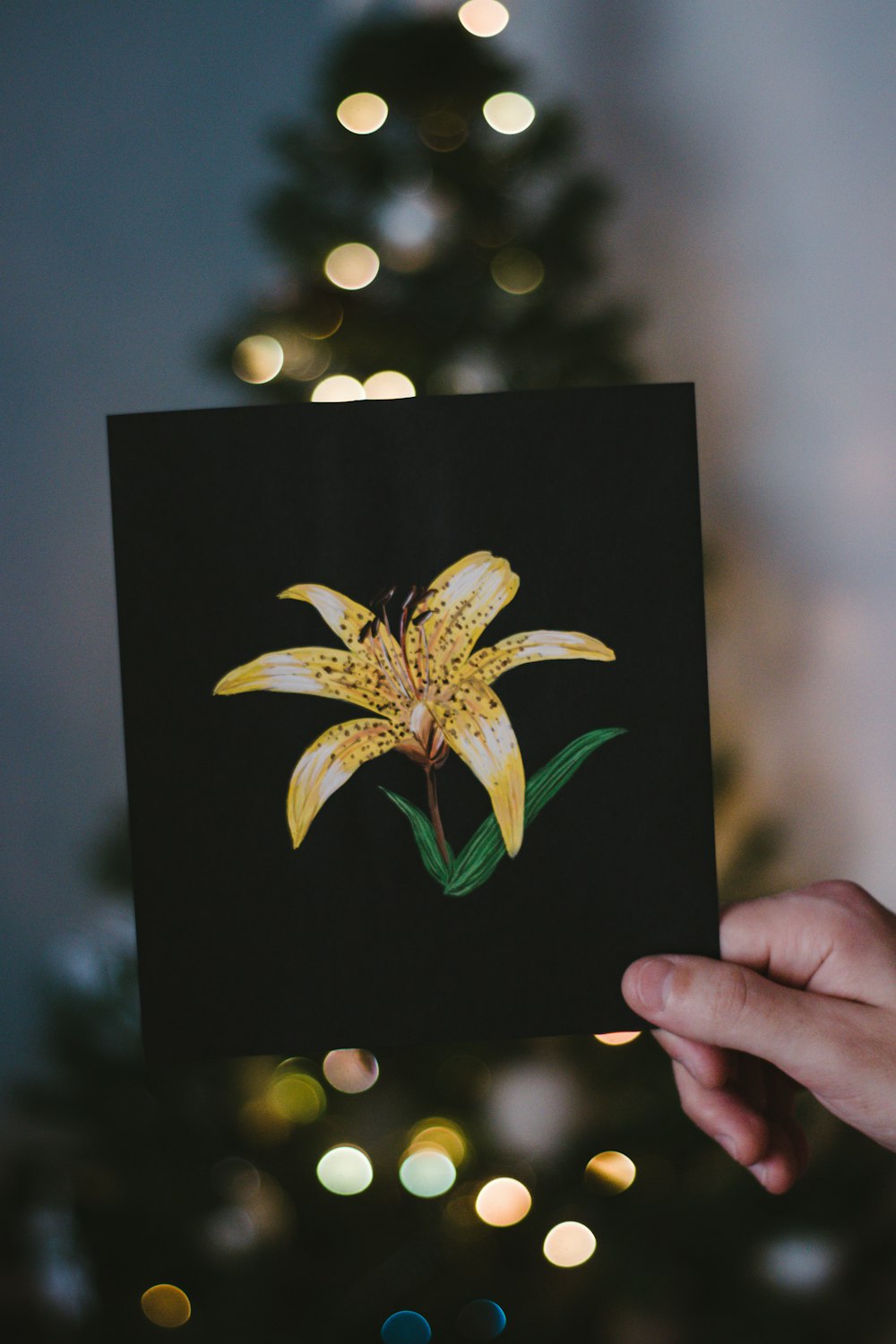 person holding black and yellow flower print card