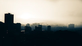 Skyline silhouettes fade into mist as morning light begins to break.