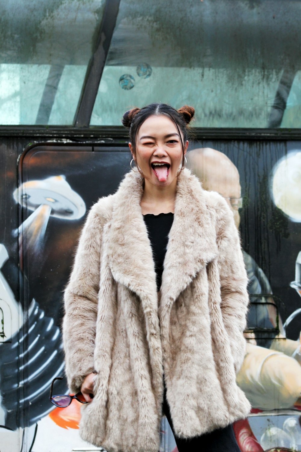 woman in white fur coat