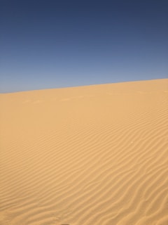 Golden sand dunes stretching endlessly under a bright blue desert sky.