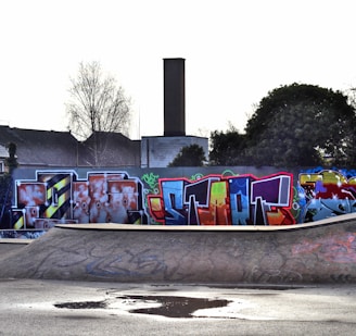A concrete skate park is adorned with vibrant graffiti art in various bold colors. The background features a tall chimney and urban structures, along with bare trees and greenery.