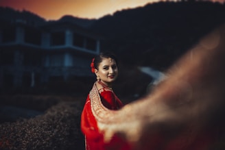 woman in red and white dress