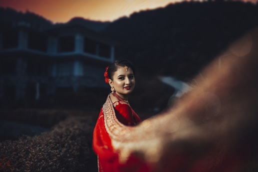 woman in red and white dress