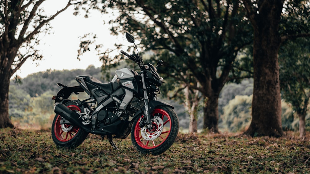 black and red motorcycle parked on brown grass field during daytime