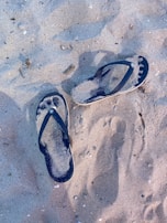 A pair of black flip-flops lies on sandy ground, slightly covered in sand. The footprints in the sand suggest recent activity, adding a playful and casual atmosphere to the scene.