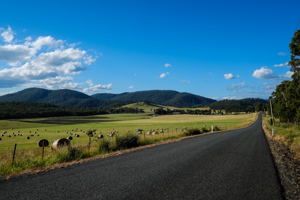 green grass field near road under blue sky during daytime