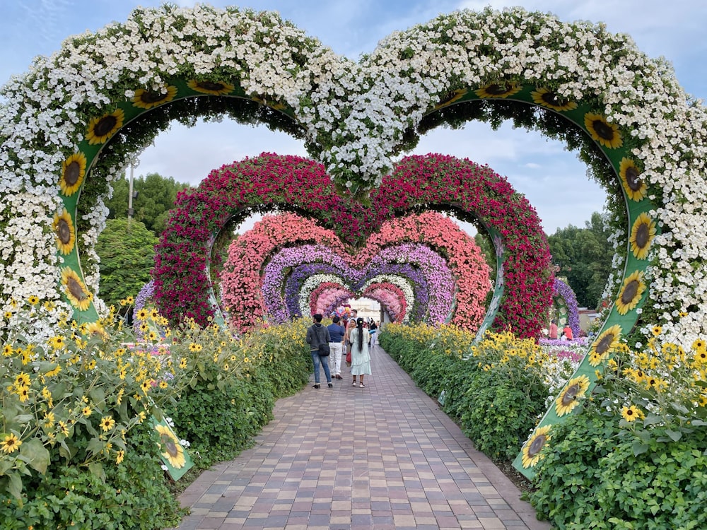 people walking on pathway surrounded by green and pink flower garden during daytime