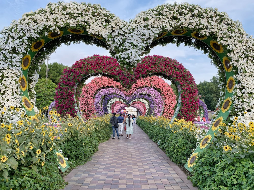 pessoas andando no caminho cercado por jardim de flores verdes e cor-de-rosa durante o dia