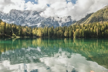 A serene lake surrounded by dense forests with a backdrop of majestic snow-capped mountains. The clear water reflects the trees and clouds in the sky, creating a mirror-like surface. The scene has a harmonious balance of natural elements, with soft clouds partially covering the peaks of the mountains.