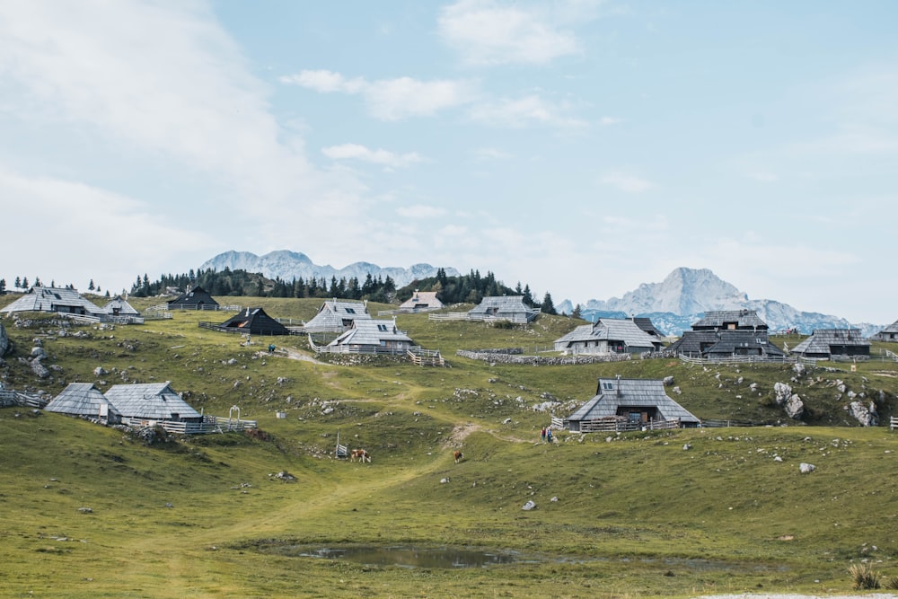 white and gray house on green grass field near mountain under white clouds during daytime