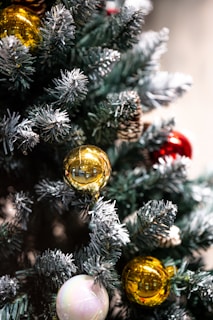 a close up of a christmas tree with ornaments