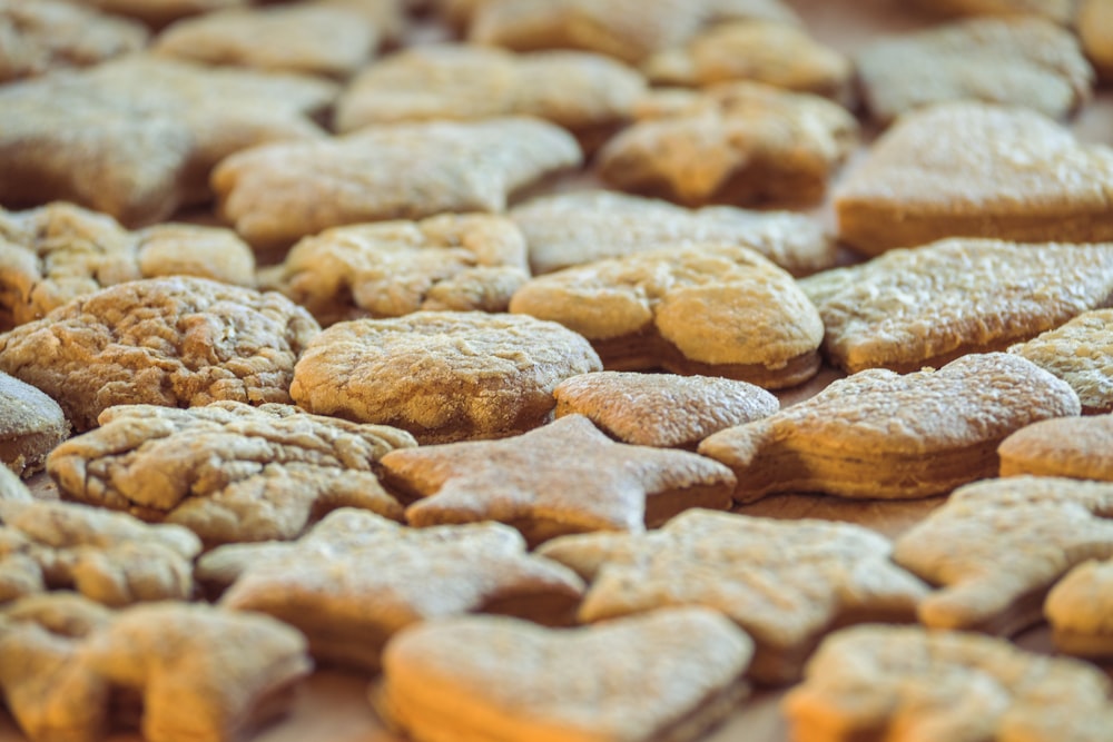 brown and white cookies in tilt shift lens