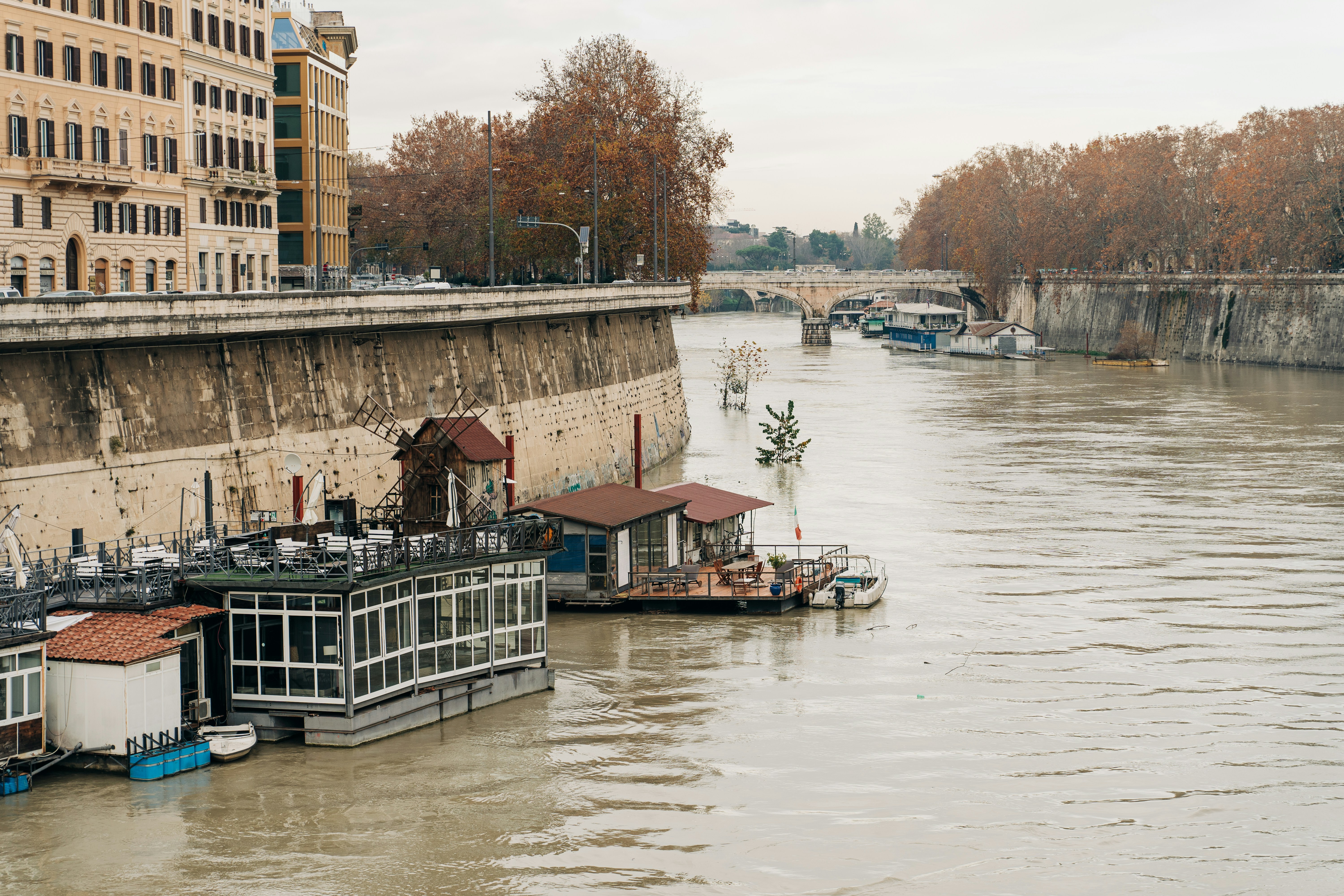 View of an overflowing River Tiber in Rome, Italy, its banks underwater after heavy rains in January 2021