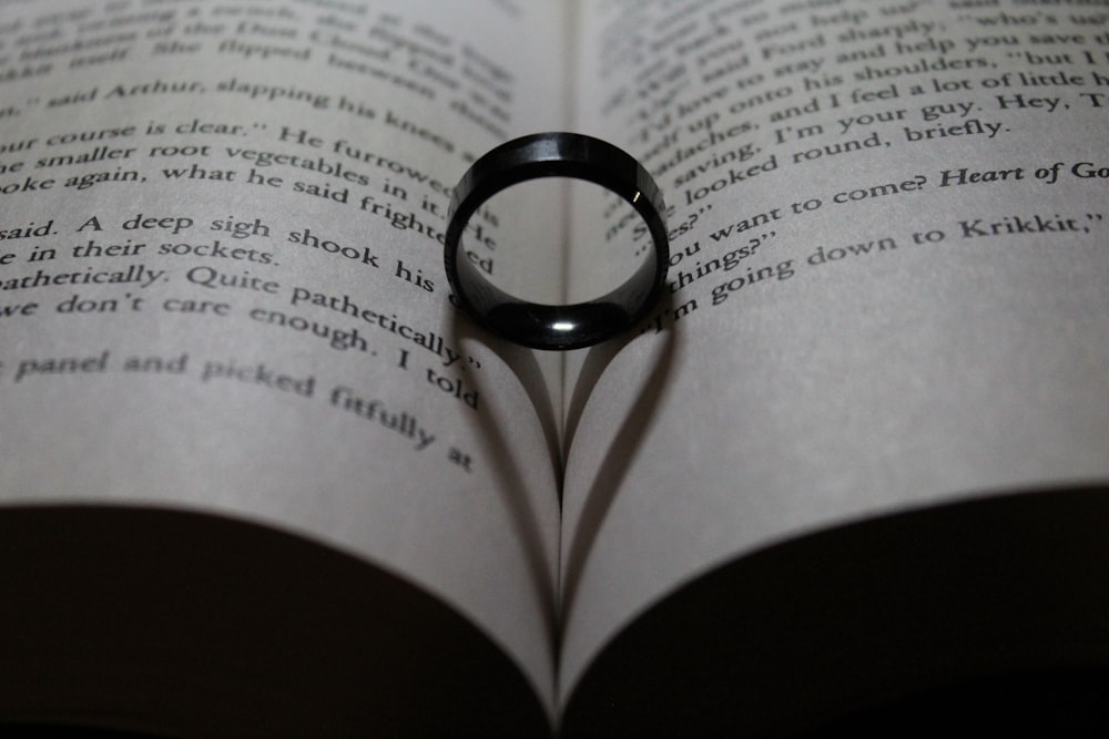 silver ring on book page