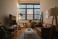 Great home remodel living room showcasing warm wood tones and modern finishes. 