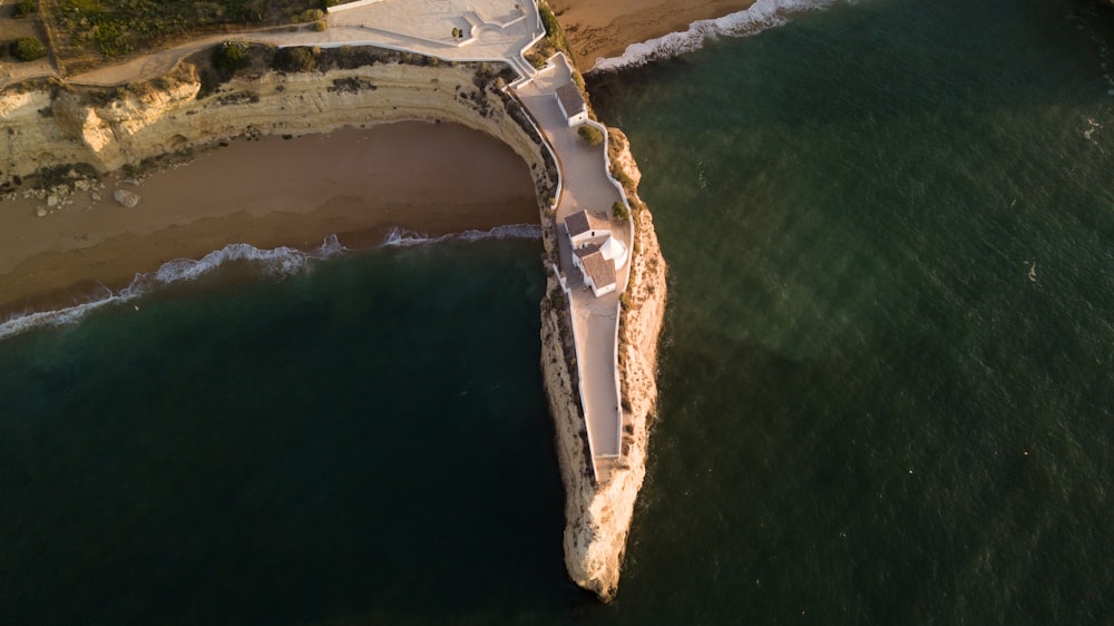 aerial view of white and brown island