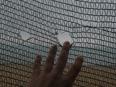 A hand is touching a mesh or netting material with a couple of holes in it. The background appears to be out of focus, showing a field or an outdoor area.