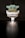 A LEGO model resembling a popular character with green ears and large black eyes is placed on a dark reflective surface. The model is centered, standing upright on a transparent brick, giving an impression of floating. The background is dark, emphasizing the LEGO figure.