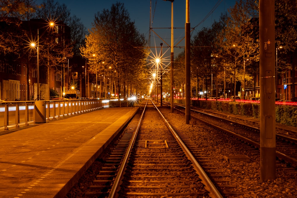 train rail near trees during night time
