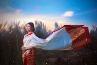 An artistic shot of a saree flowing in the wind, capturing its beauty.