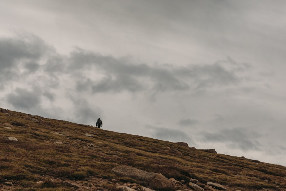 person standing on brown rock mountain under gray clouds during daytime
