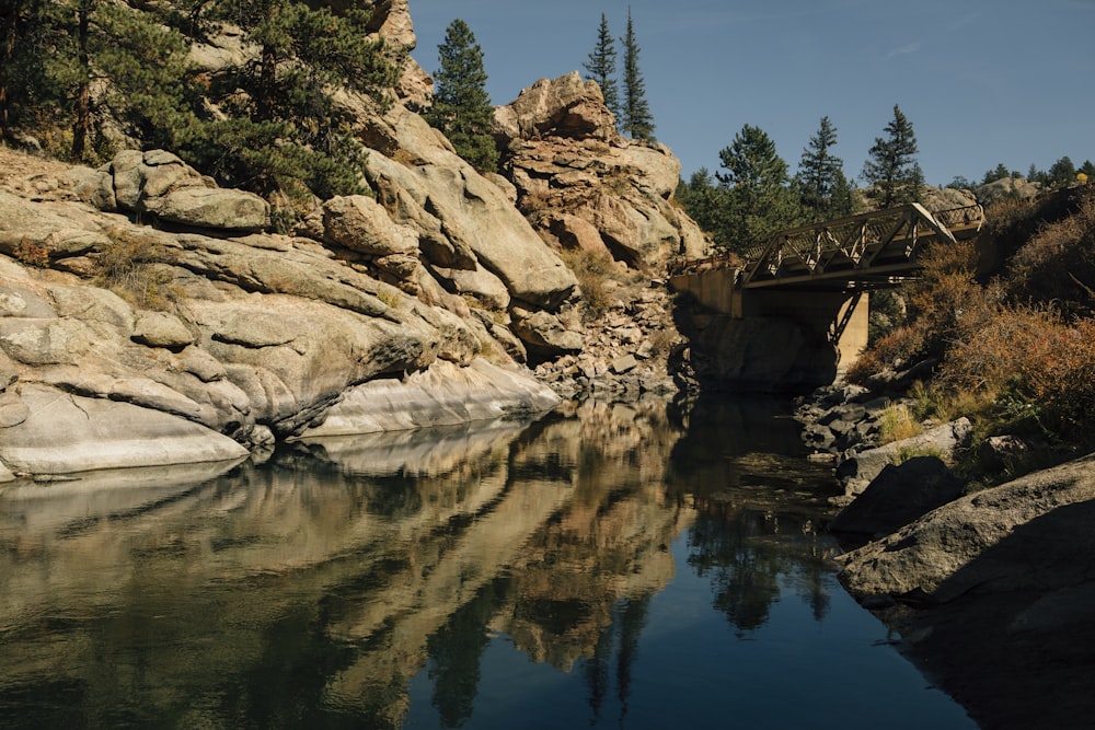 brown rock formation near green trees and lake during daytime