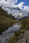 Calm scene of taï chi chuan movements framed by snowy rocky peaks.
