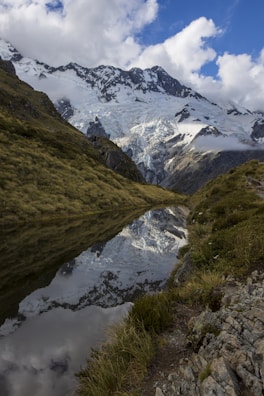 Calm scene of taï chi chuan movements framed by snowy rocky peaks.