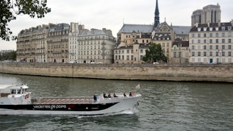 A river scene featuring a tourist boat navigating the waterway, with people on board. The background is dominated by historic buildings, showcasing classic European architecture typical of a cityscape. Prominent is a cathedral with a tall spire, contributing to the historical ambiance. Leafy trees border the riverbank, adding a touch of nature.