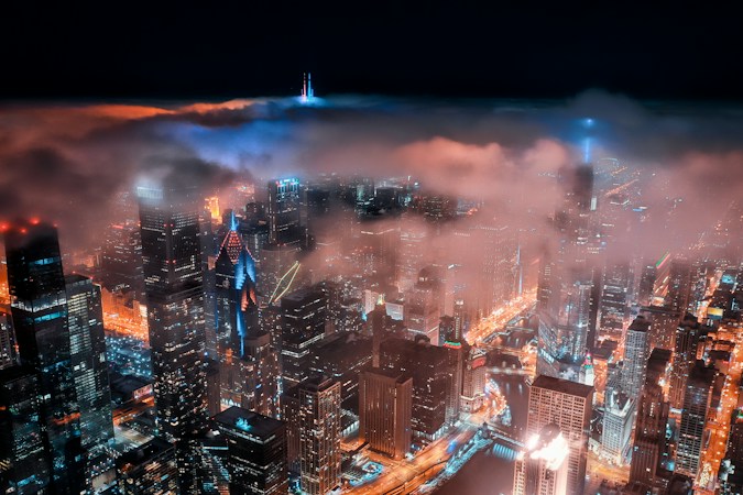 Aerial view of the Chicago skyline at night with fog, the city that led the Case-Shiller index with a 6.9 percent annual gain