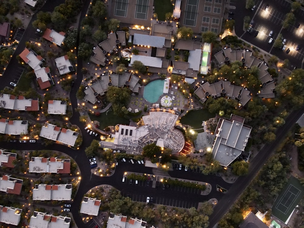 aerial view of city buildings during night time