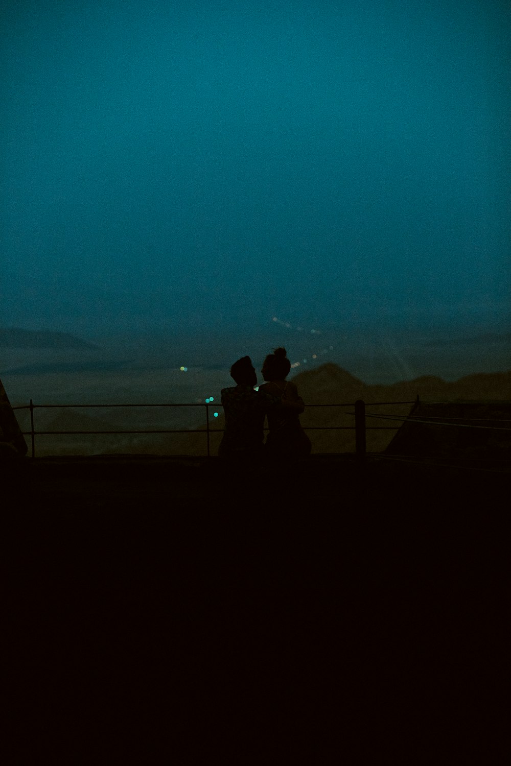 silhouette of 2 person standing on the fence during night time