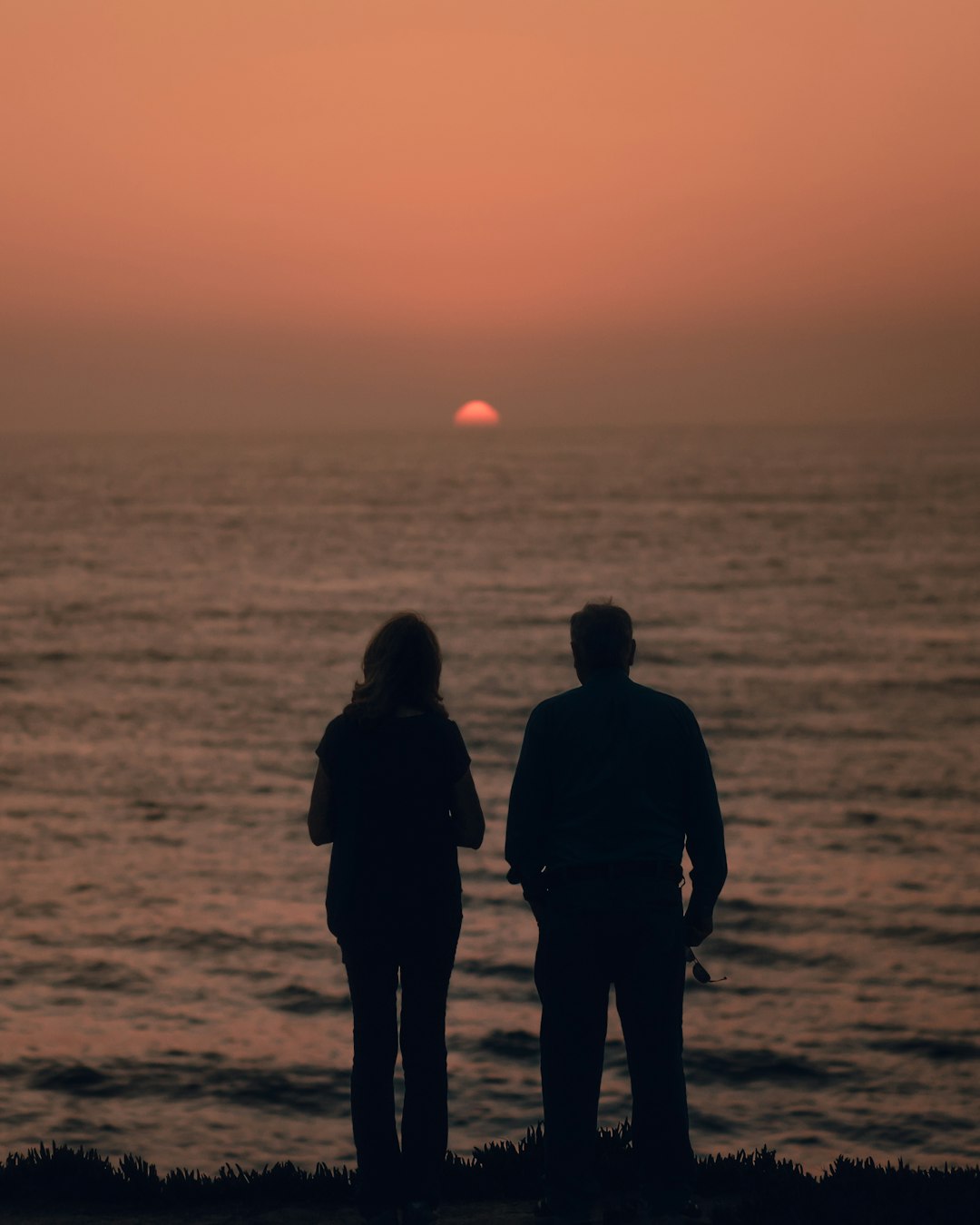 silhouette of 2 men standing on seashore during sunset