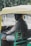 A person is seated inside an auto rickshaw, holding the steering handle. The vehicle has a yellow roof and green body, with a meter device attached near the seat. The person is looking slightly towards the camera. In the background, there are green trees and an urban road scene.