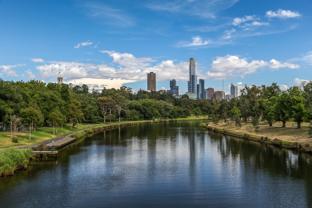 river between green trees and buildings under blue sky and white clouds during daytime