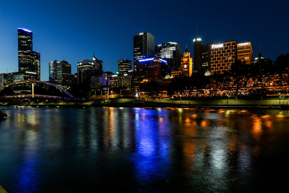 city skyline during night time