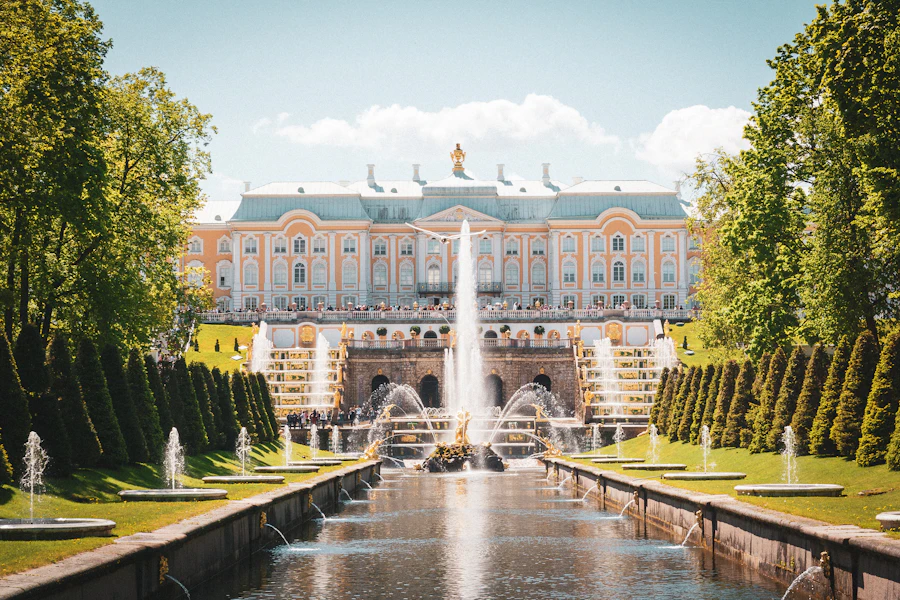 Fountains and gilded statues at Peterhof Palace, St Petersburg