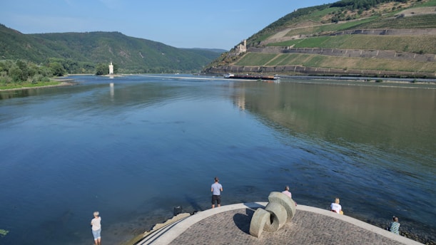 A scenic view of a wide river flanked by lush green hills and terraced vineyards. A few people are standing on a stone platform near the water's edge, observing the surroundings. A distant castle is visible on the hillside, and there is a small tower structure in the water. The sky is clear, enhancing the tranquility of the setting.