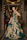A woman stands elegantly in a luxurious hallway, wearing a long teal gown with intricate gold embroidery. The setting features ornate lighting and mirrors, adding a sophisticated ambiance.