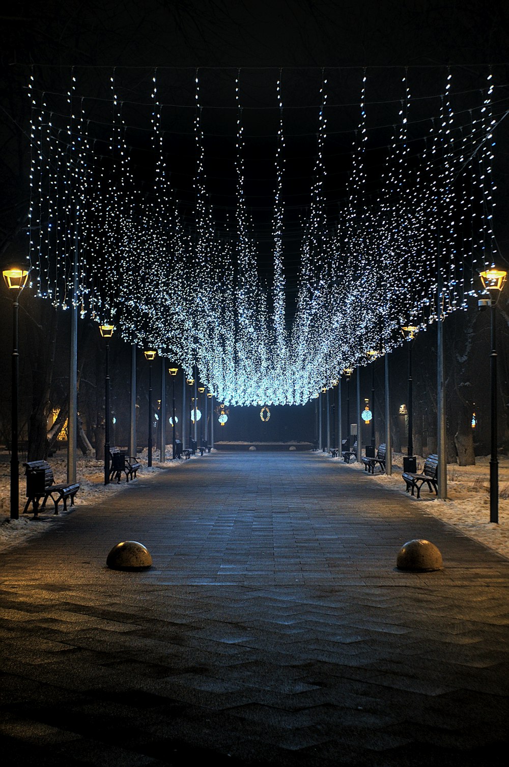 luzes de corda na rua durante a noite