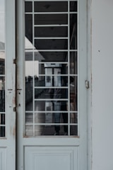 A close-up view of a partially open door with a large glass panel featuring a white grid pattern. There is a reflection of a person standing behind the door, creating an intriguing visual depth. The hallway seen through the glass appears modern and well-lit, with additional doors and windows visible in the background.