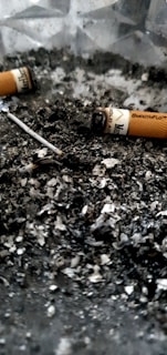 Artistic representation of cigarette butts in an ashtray.