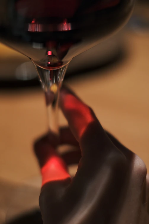 Elegant close-up of a hand holding a crystal wine glass against a softly lit vineyard backdrop at dusk.