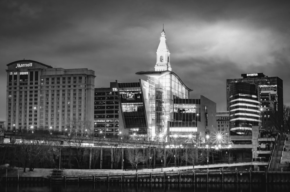 grayscale photo of city buildings